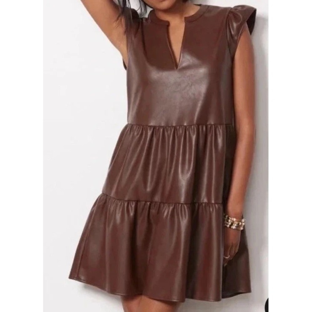 EVEREVE Ella Brown Faux Leather Tiered Babydoll Dress Size S Boho Chic City Fall